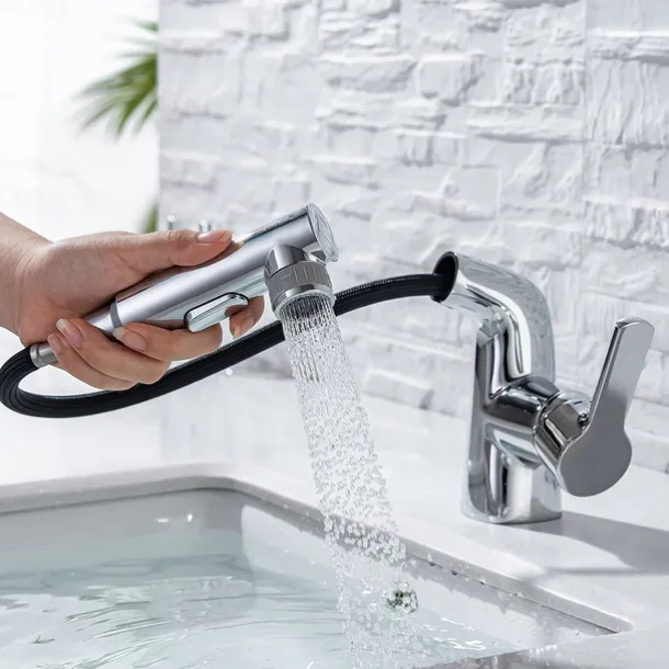 Pull Out Bathroom Sink Mixer Faucet, 360 swivel Pull Down Sprayer Basin Tap Brass, 2 Water Flow Modes with Rotating Spout, Single Handle Washroom Water Tap with Cold Hot Hose