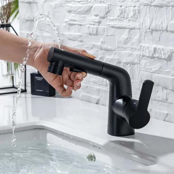 Pull Out Bathroom Sink Mixer Faucet, 360 swivel Pull Down Sprayer Basin Tap Brass, 2 Water Flow Modes with Rotating Spout, Single Handle Washroom Water Tap with Cold Hot Hose