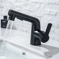 Pull Out Bathroom Sink Mixer Faucet, 360 swivel Pull Down Sprayer Basin Tap Brass, 2 Water Flow Modes with Rotating Spout, Single Handle Washroom Water Tap with Cold Hot Hose