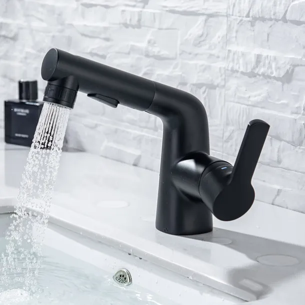 Pull Out Bathroom Sink Mixer Faucet, 360 swivel Pull Down Sprayer Basin Tap Brass, 2 Water Flow Modes with Rotating Spout, Single Handle Washroom Water Tap with Cold Hot Hose