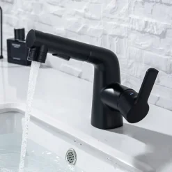 Pull Out Bathroom Sink Mixer Faucet, 360 swivel Pull Down Sprayer Basin Tap Brass, 2 Water Flow Modes with Rotating Spout, Single Handle Washroom Water Tap with Cold Hot Hose