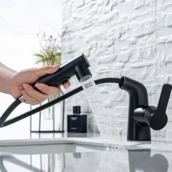 Pull Out Bathroom Sink Mixer Faucet, 360 swivel Pull Down Sprayer Basin Tap Brass, 2 Water Flow Modes with Rotating Spout, Single Handle Washroom Water Tap with Cold Hot Hose