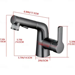 Pull Out Bathroom Sink Mixer Faucet, 360 swivel Pull Down Sprayer Basin Tap Brass, 2 Water Flow Modes with Rotating Spout, Single Handle Washroom Water Tap with Cold Hot Hose