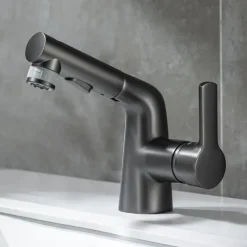 Pull Out Bathroom Sink Mixer Faucet, 360 swivel Pull Down Sprayer Basin Tap Brass, 2 Water Flow Modes with Rotating Spout, Single Handle Washroom Water Tap with Cold Hot Hose