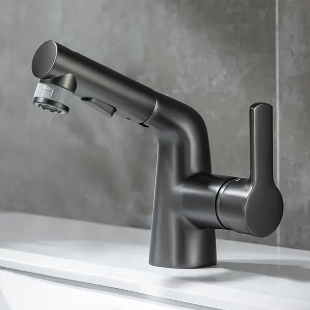 Pull Out Bathroom Sink Mixer Faucet, 360 swivel Pull Down Sprayer Basin Tap Brass, 2 Water Flow Modes with Rotating Spout, Single Handle Washroom Water Tap with Cold Hot Hose