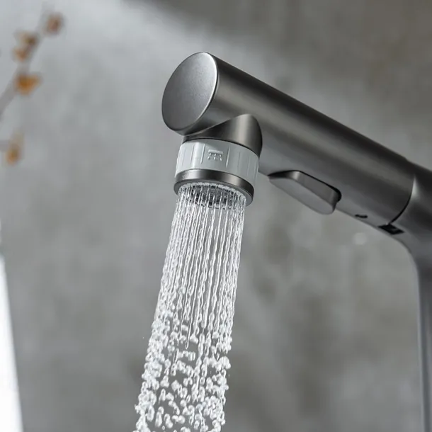 Pull Out Bathroom Sink Mixer Faucet, 360 swivel Pull Down Sprayer Basin Tap Brass, 2 Water Flow Modes with Rotating Spout, Single Handle Washroom Water Tap with Cold Hot Hose