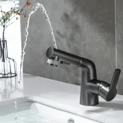 Pull Out Bathroom Sink Mixer Faucet, 360 swivel Pull Down Sprayer Basin Tap Brass, 2 Water Flow Modes with Rotating Spout, Single Handle Washroom Water Tap with Cold Hot Hose
