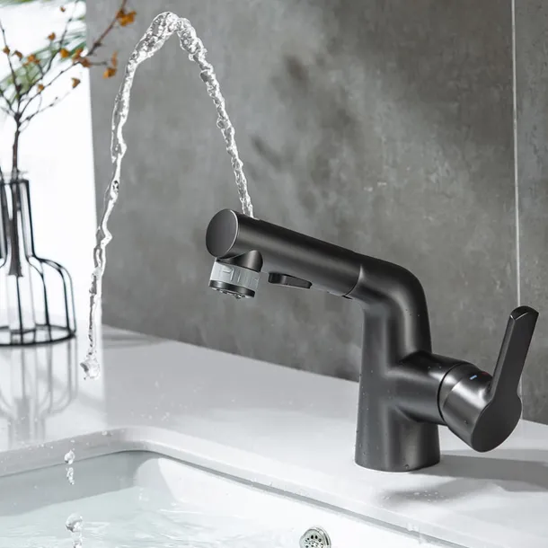 Pull Out Bathroom Sink Mixer Faucet, 360 swivel Pull Down Sprayer Basin Tap Brass, 2 Water Flow Modes with Rotating Spout, Single Handle Washroom Water Tap with Cold Hot Hose
