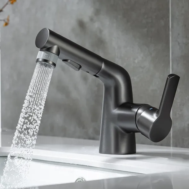 Pull Out Bathroom Sink Mixer Faucet, 360 swivel Pull Down Sprayer Basin Tap Brass, 2 Water Flow Modes with Rotating Spout, Single Handle Washroom Water Tap with Cold Hot Hose