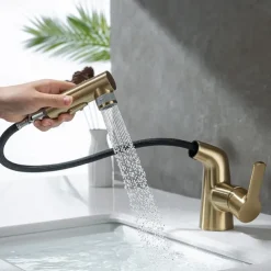 Pull Out Bathroom Sink Mixer Faucet, 360 swivel Pull Down Sprayer Basin Tap Brass, 2 Water Flow Modes with Rotating Spout, Single Handle Washroom Water Tap with Cold Hot Hose