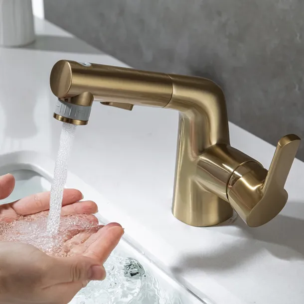 Pull Out Bathroom Sink Mixer Faucet, 360 swivel Pull Down Sprayer Basin Tap Brass, 2 Water Flow Modes with Rotating Spout, Single Handle Washroom Water Tap with Cold Hot Hose