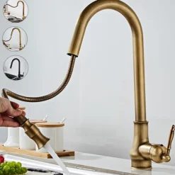 Pull Out Kitchen Faucet Sink Mixer with Sprayer, Antique 360° Swivel Single Handle One Hole Pull Down Kitchen Vessel Tap Deck Mounted, with Hot and Cold Water Hose