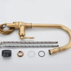 Pull Out Kitchen Faucet Sink Mixer with Sprayer, Antique 360° Swivel Single Handle One Hole Pull Down Kitchen Vessel Tap Deck Mounted, with Hot and Cold Water Hose