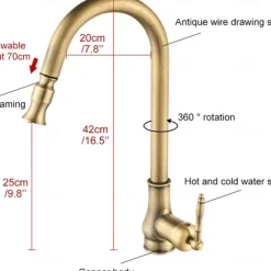 Pull Out Kitchen Faucet Sink Mixer with Sprayer, Antique 360° Swivel Single Handle One Hole Pull Down Kitchen Vessel Tap Deck Mounted, with Hot and Cold Water Hose