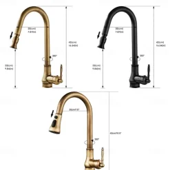Pull Out Kitchen Faucet Sink Mixer with Sprayer, Antique 360° Swivel Single Handle One Hole Pull Down Kitchen Vessel Tap Deck Mounted, with Hot and Cold Water Hose