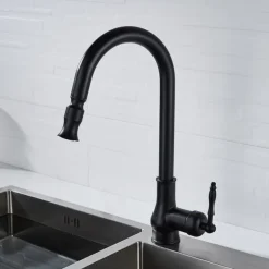 Pull Out Kitchen Faucet Sink Mixer with Sprayer, Antique 360° Swivel Single Handle One Hole Pull Down Kitchen Vessel Tap Deck Mounted, with Hot and Cold Water Hose