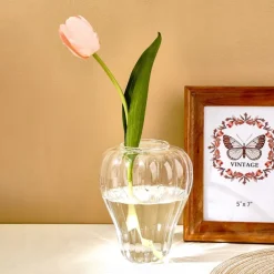 Pumpkin Striped Glass Vase – Decorative Indoor Hydroponic Planter for Flowers & Pothos, Elegant Tabletop Decoration for Home & Dining Room