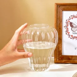 Pumpkin Striped Glass Vase – Decorative Indoor Hydroponic Planter for Flowers & Pothos, Elegant Tabletop Decoration for Home & Dining Room