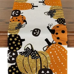 Pumpkin Table Runner Halloween Fall Burlap Tablerunner Farmhouse Indoor Table Autumn Decoration Table Flag Decor For Dining Weddig Party Holiday