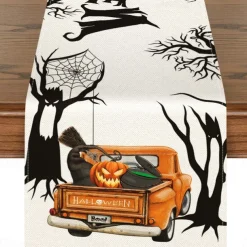 Pumpkin Table Runner Halloween Fall Burlap Tablerunner Farmhouse Indoor Table Autumn Decoration Table Flag Decor For Dining Weddig Party Holiday