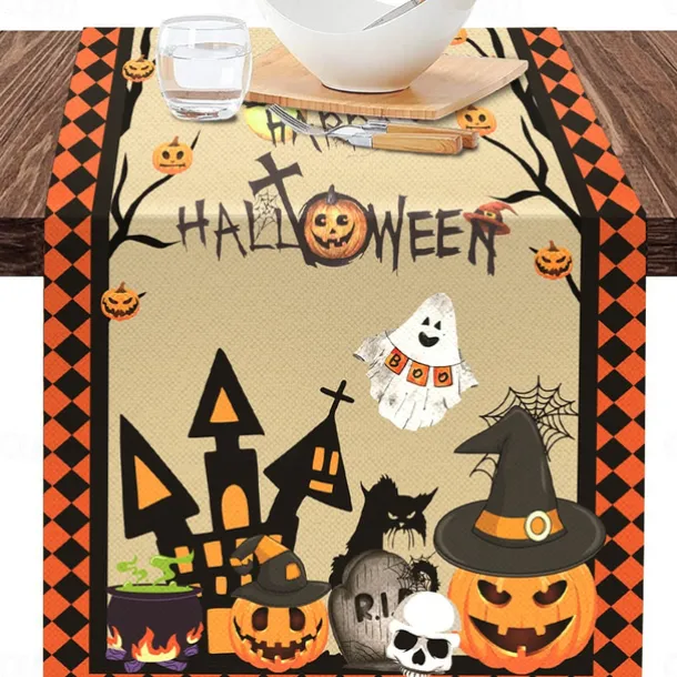 Pumpkin Table Runner Halloween Fall Burlap Tablerunner Farmhouse Indoor Table Autumn Decoration Table Flag Decor For Dining Weddig Party Holiday