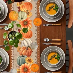 Pumpkin Table Runner Halloween Fall Burlap Tablerunner Farmhouse Indoor Table Autumn Decoration Table Flag Decor For Dining Weddig Party Holiday