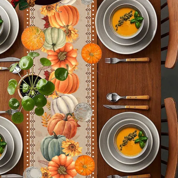 Pumpkin Table Runner Halloween Fall Burlap Tablerunner Farmhouse Indoor Table Autumn Decoration Table Flag Decor For Dining Weddig Party Holiday