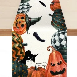 Pumpkin Table Runner Halloween Fall Burlap Tablerunner Farmhouse Indoor Table Autumn Decoration Table Flag Decor For Dining Weddig Party Holiday