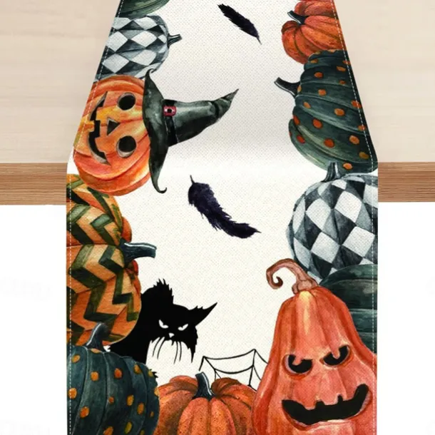 Pumpkin Table Runner Halloween Fall Burlap Tablerunner Farmhouse Indoor Table Autumn Decoration Table Flag Decor For Dining Weddig Party Holiday