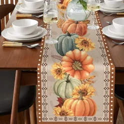 Pumpkin Table Runner Halloween Fall Burlap Tablerunner Farmhouse Indoor Table Autumn Decoration Table Flag Decor For Dining Weddig Party Holiday