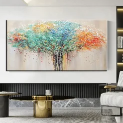 Pure Hand-painted High Quality Abstract Life Tree Oil Painting Handmade Colorful Abstract Tree Oil Painting for Living Room