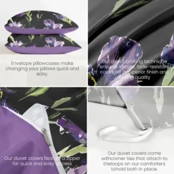 Purple Black Floral Series Duvet Cover Set King Queen Size 3-Piece Set Microfiber Bedding Set Perfect for Mother's Day Gift Super Soft Skin Friendly Long Lasting
