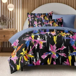 Purple Black Floral Series Duvet Cover Set King Queen Size 3-Piece Set Microfiber Bedding Set Perfect for Mother's Day Gift Super Soft Skin Friendly Long Lasting