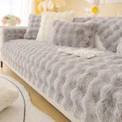 Rabbit Plush Mesh Red Sofa Cushion, Winter Thickened Plush Cushion, Non Slip Leather Sofa Cover, Cloth Towel