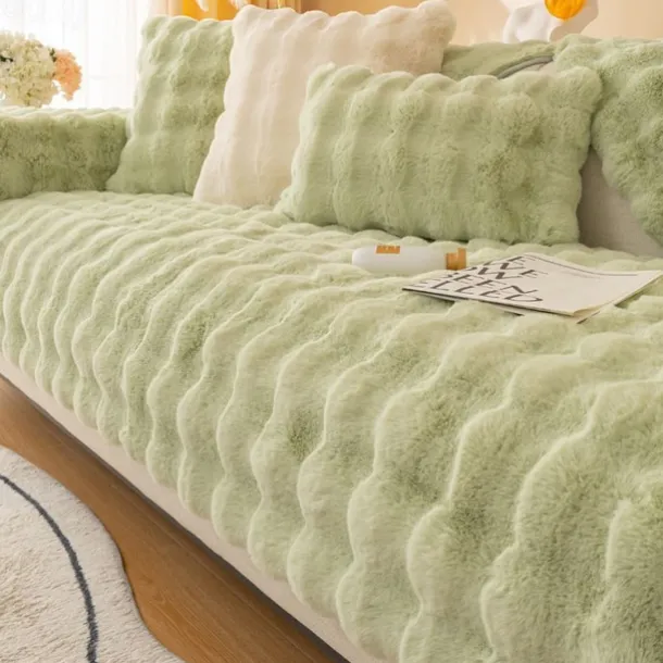 Rabbit Plush Mesh Red Sofa Cushion, Winter Thickened Plush Cushion, Non Slip Leather Sofa Cover, Cloth Towel