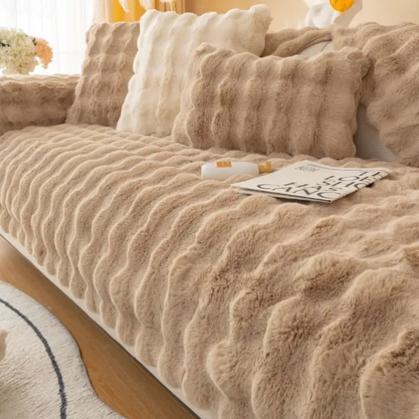 Rabbit Plush Mesh Red Sofa Cushion, Winter Thickened Plush Cushion, Non Slip Leather Sofa Cover, Cloth Towel