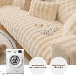 Rabbit Plush Mesh Red Sofa Cushion, Winter Thickened Plush Cushion, Non Slip Leather Sofa Cover, Cloth Towel