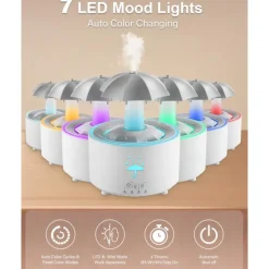 Rain Umbrella Humidifier & Aroma Diffuser with Soothing Rain Sounds, Water Drip Effect, 7 Colors Mood Light, Timer and Auto-Off, Ideal for Relaxation, Sleep, Home, Bedroom, Desk
