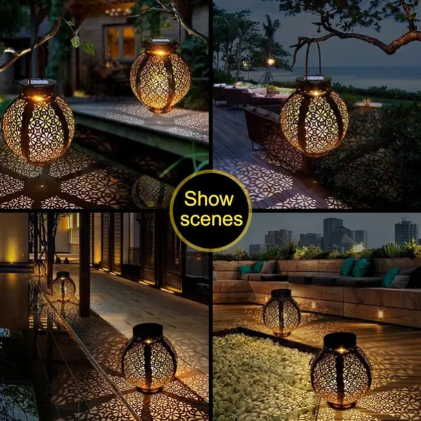 Ramadan Eid Lights Solar Lights Outdoor Hanging Solar Vintage Garden Lamp Retro Lanterns Hollow Solar Lights With Handle For Yard Tree Fence Patio Landscape Garland Lighting