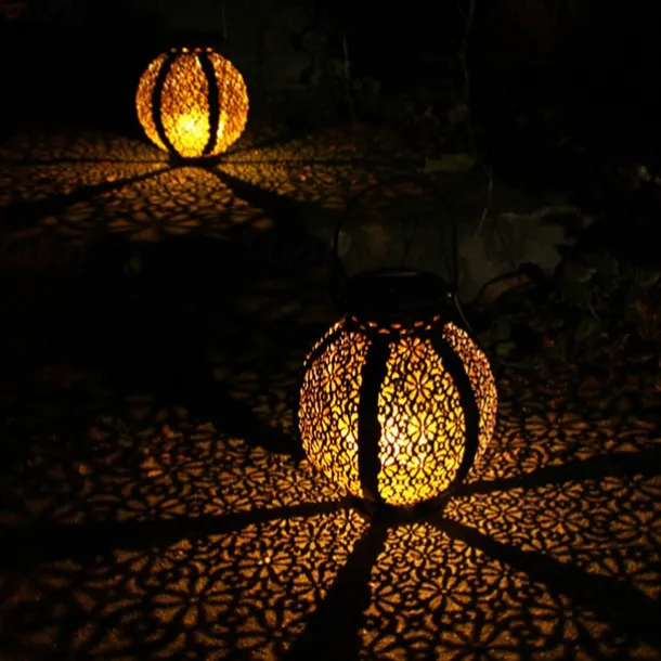Ramadan Eid Lights Solar Lights Outdoor Hanging Solar Vintage Garden Lamp Retro Lanterns Hollow Solar Lights With Handle For Yard Tree Fence Patio Landscape Garland Lighting