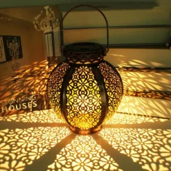 Ramadan Eid Lights Solar Lights Outdoor Hanging Solar Vintage Garden Lamp Retro Lanterns Hollow Solar Lights With Handle For Yard Tree Fence Patio Landscape Garland Lighting