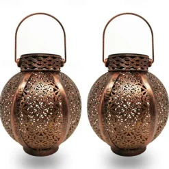 Ramadan Eid Lights Solar Lights Outdoor Hanging Solar Vintage Garden Lamp Retro Lanterns Hollow Solar Lights With Handle For Yard Tree Fence Patio Landscape Garland Lighting