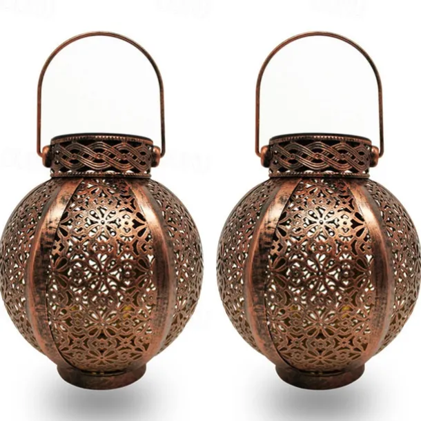 Ramadan Eid Lights Solar Lights Outdoor Hanging Solar Vintage Garden Lamp Retro Lanterns Hollow Solar Lights With Handle For Yard Tree Fence Patio Landscape Garland Lighting