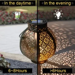 Ramadan Eid Lights Solar Lights Outdoor Hanging Solar Vintage Garden Lamp Retro Lanterns Hollow Solar Lights With Handle For Yard Tree Fence Patio Landscape Garland Lighting