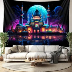Ramadan Mosque Blacklight Tapestry UV Reactive Glow in the Dark Trippy Misty Nature Landscape Hanging Tapestry Wall Art Mural for Living Room Bedroom