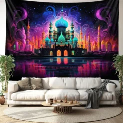 Ramadan Mosque Blacklight Tapestry UV Reactive Glow in the Dark Trippy Misty Nature Landscape Hanging Tapestry Wall Art Mural for Living Room Bedroom