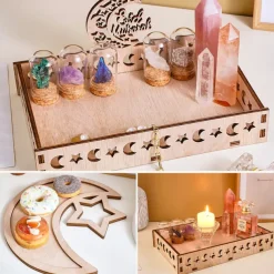 Ramadan Wooden Storage Box Tray – Star & Moon Laser Cut Design, Eid al-Fitr & Eid Celebration Table Organizer, Muslim Festival Decorative Basket
