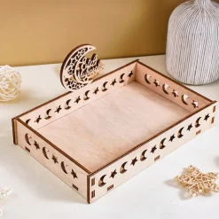 Ramadan Wooden Storage Box Tray – Star & Moon Laser Cut Design, Eid al-Fitr & Eid Celebration Table Organizer, Muslim Festival Decorative Basket