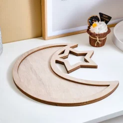 Ramadan Wooden Storage Box Tray – Star & Moon Laser Cut Design, Eid al-Fitr & Eid Celebration Table Organizer, Muslim Festival Decorative Basket