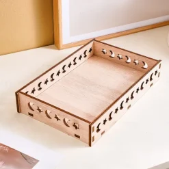 Ramadan Wooden Storage Box Tray – Star & Moon Laser Cut Design, Eid al-Fitr & Eid Celebration Table Organizer, Muslim Festival Decorative Basket